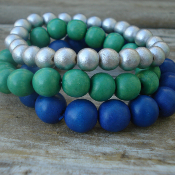 Wood Bracelet Trio (green, blue and silver)