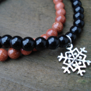 Goldstone & Black Obsidian Bracelet Set with Snowflake Charm