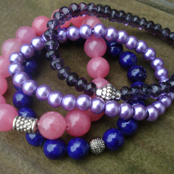 Gemstone, glass, pearl Bracelet Quad (purple & cherry quartz)
