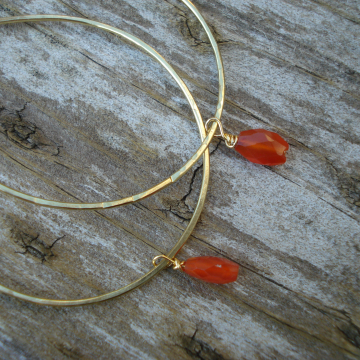 Large Hammered Brass Hoops with Carnelian Drops