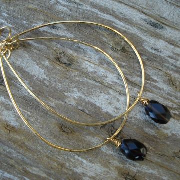 Large Hammered Brass Hoops with Smokey Topaz