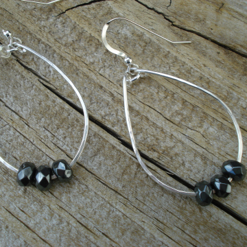 Medium Hammered Sterling Hoops with Hematite Rondelles
