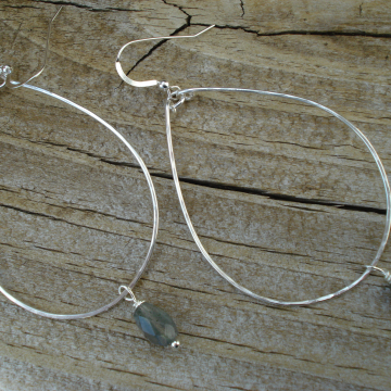 Large Hammered Sterling Silver Hoops with Labradorite drops