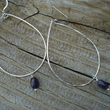 Large Hammered Sterling Silver Hoops with Amethyst Drops