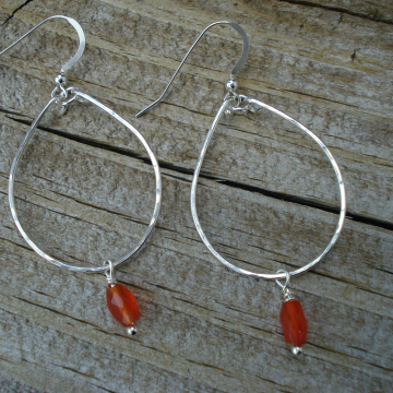Medium Hammered Sterling Silver Hoops with Carnelian