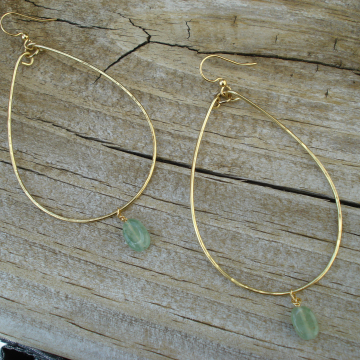 Large Hammered Brass Hoops with Green Aventurine
