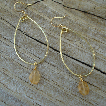 Medium Hammered Brass Hoops with Citrine Drops