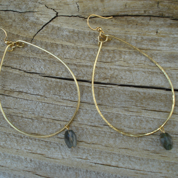 Large Hammered Brass Hoops with Labradorite