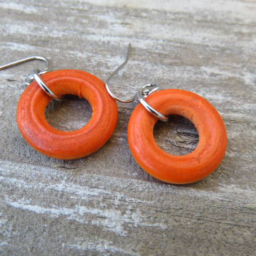 Wooden Ring Earrings - Orange
