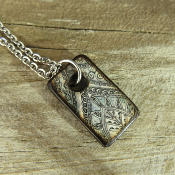 Decoupaged Wood Tag Necklace - Grey Rectangle