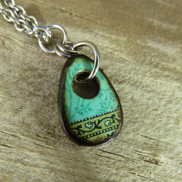 Decoupaged Wood Tag Necklace - Green Turquoise Teardrop