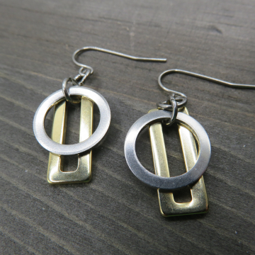 Two Tone Bevel Circle x Bevel Rectangle Earrings